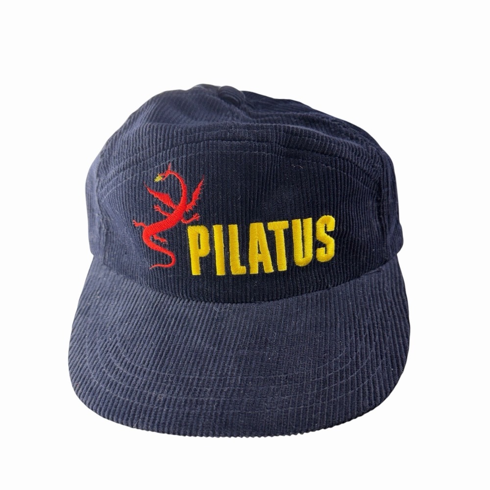 Vintage Pilatus Corduroy Hat Dragon Embroidered Strapback Navy Blue Cap